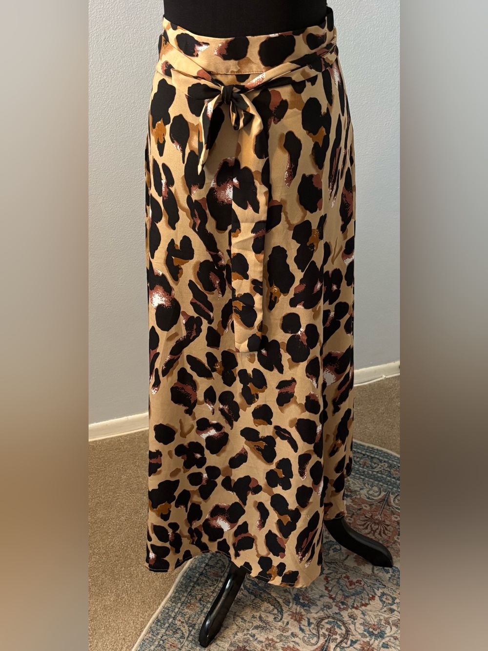 Wrap around Leopard Print Midi Skirt in Tan with Black Accents